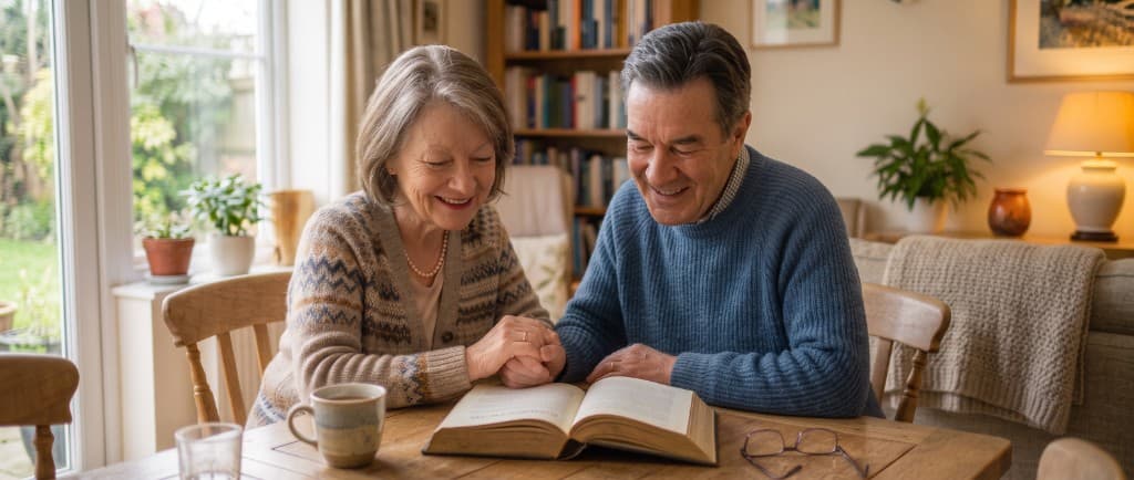 A retired couple sitting together at home, sharing a book